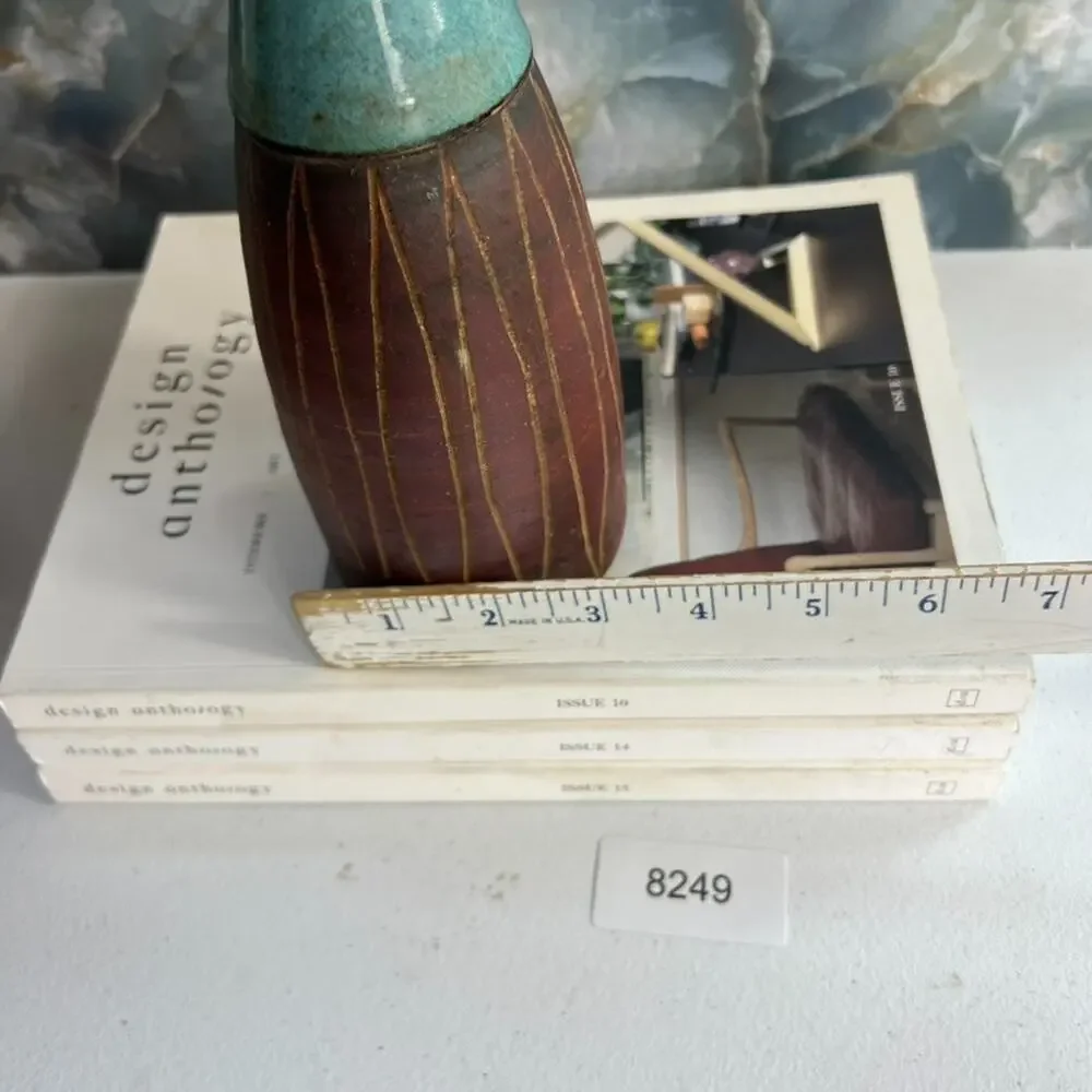 Studio Art Vase Pottery Stoneware Blue Brown Geometric Carved Sullivan Vermont